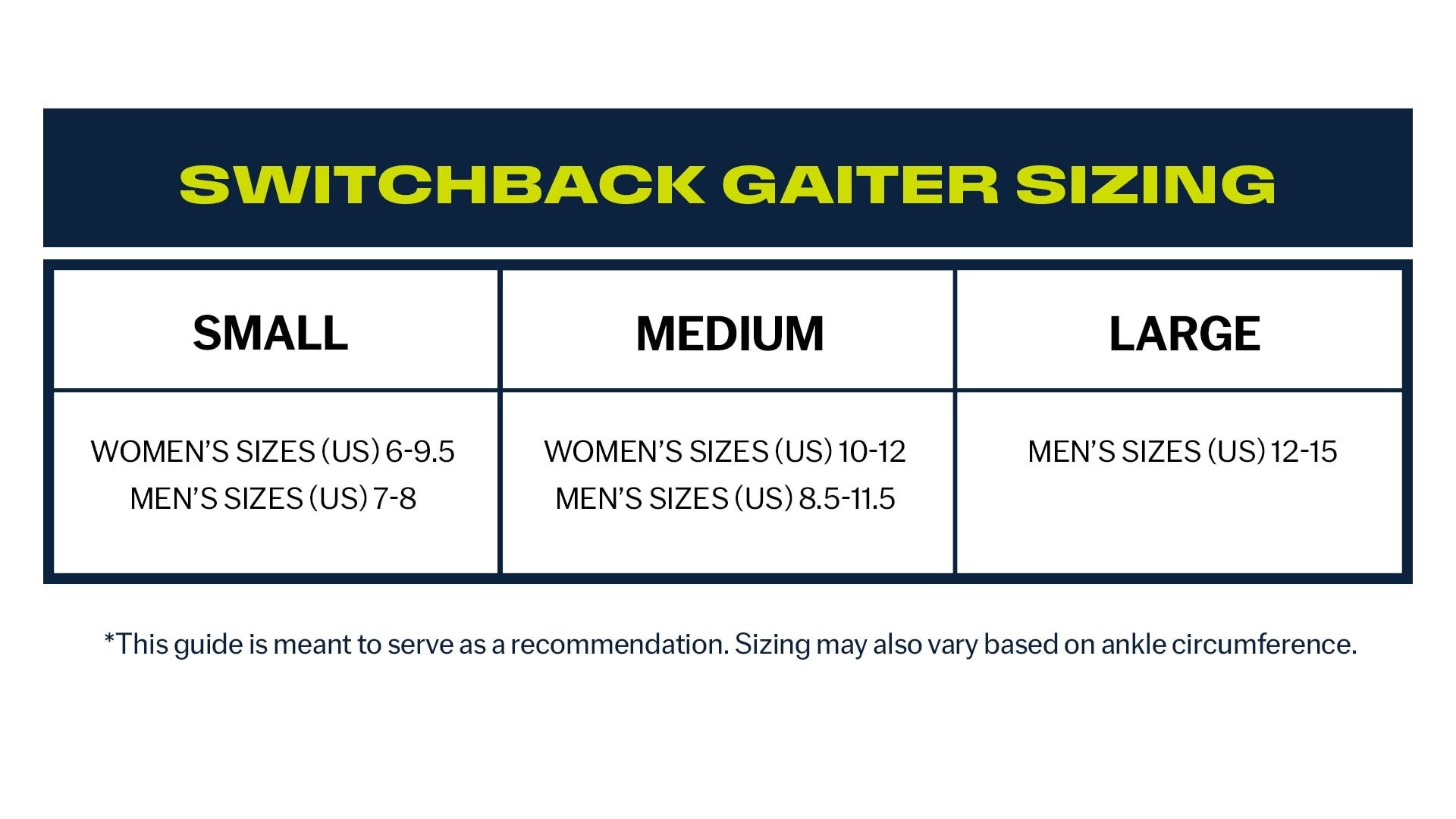 Topo Athletic Switchback Gaiter Size Chart